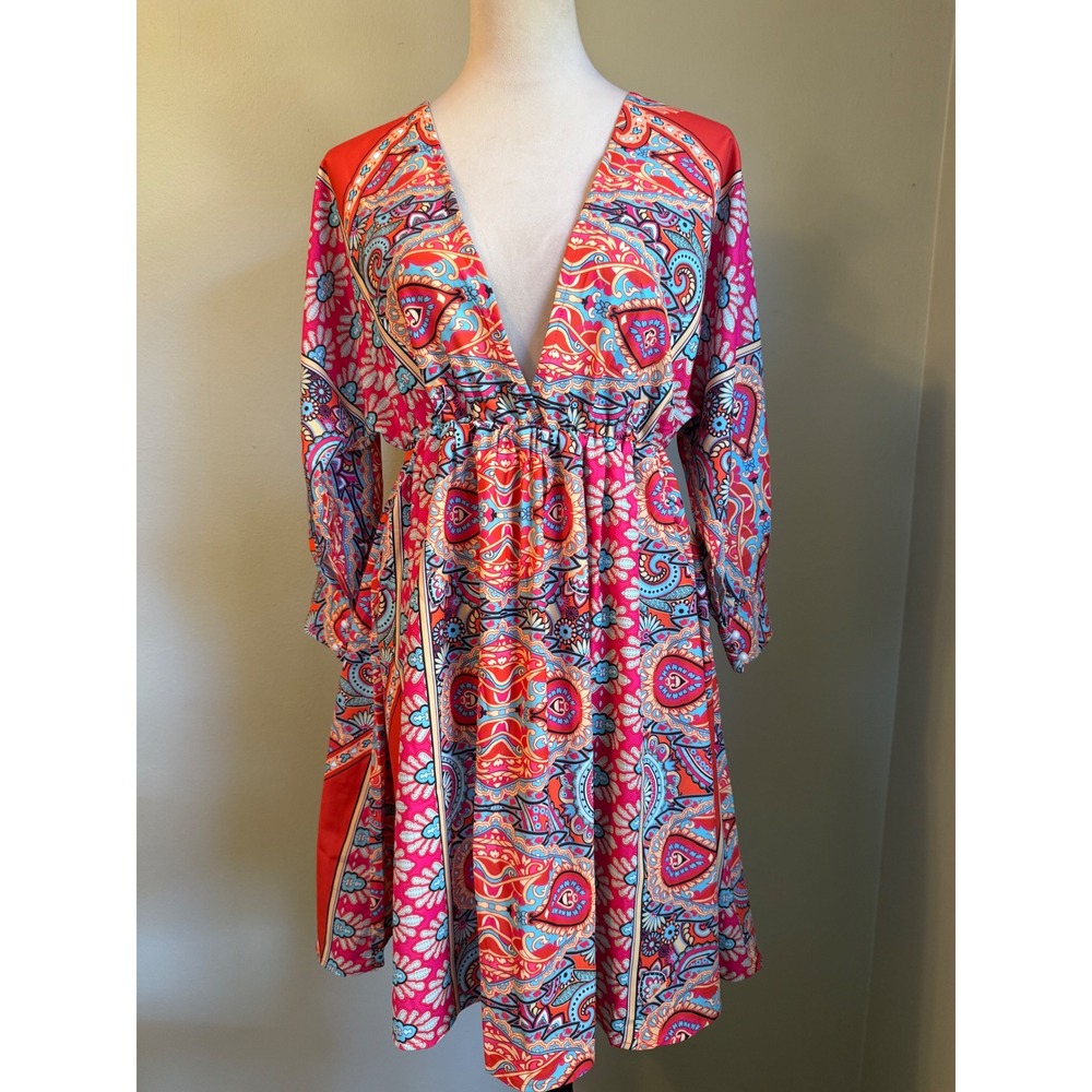 Boho Paisley V-Neck Open Back Mini Dress Red Pink Blue Long Sleeve L colorful y2